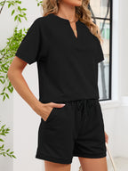 Notched Short Sleeve Top Shorts Set (14)