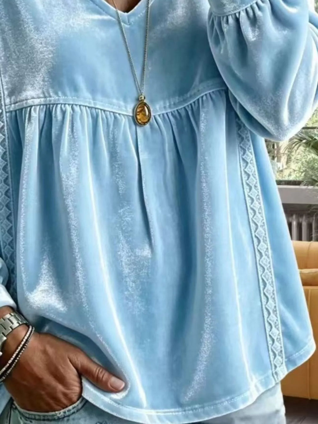 Full Size Velvet Lace Detail V-neck Blouse Plus (2)