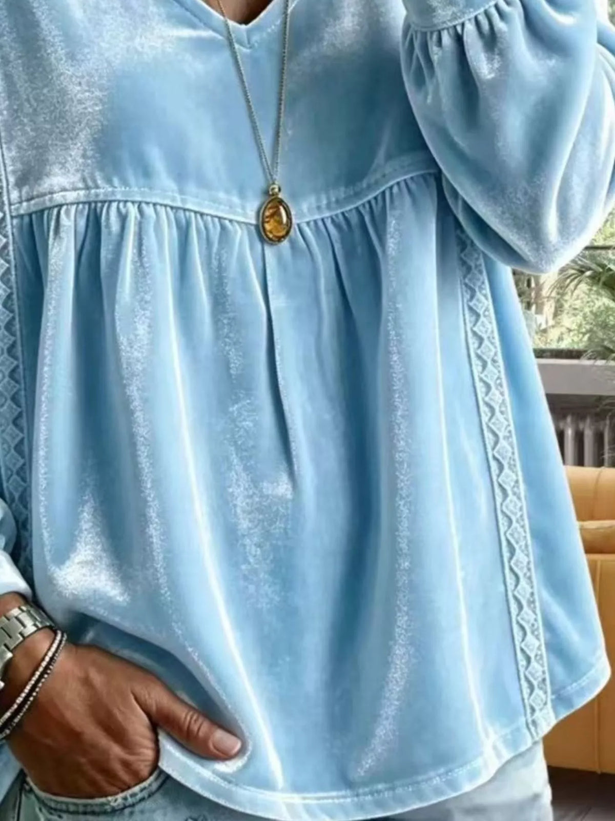 Full Size Velvet Lace Detail V-neck Blouse Plus (2)