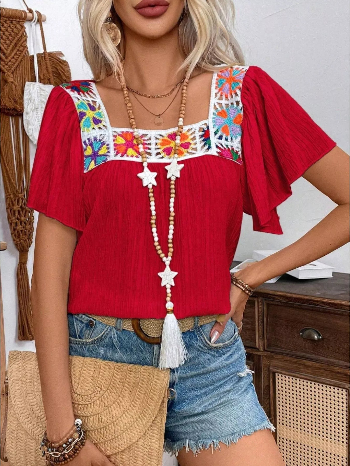 Embroidered Square Neck Flutter Sleeve Blouse (3)
