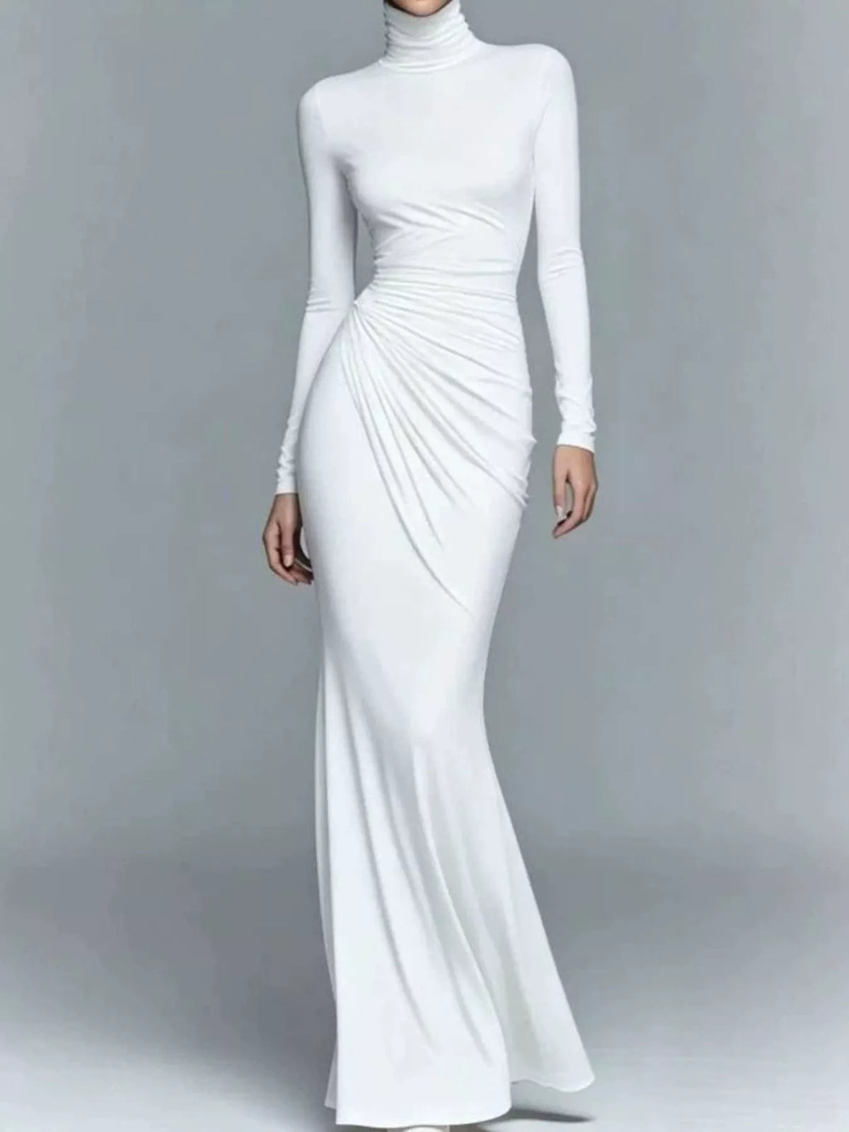 Turtleneck Long-sleeve Ruched Maxi Dress (10)