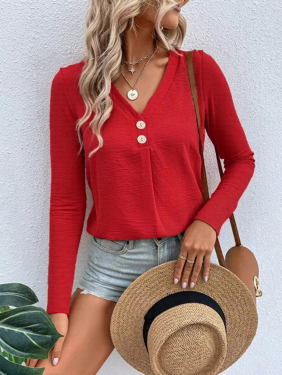 Full Size V-neck Decor Button Long Sleeve T-shirt Plus (8)