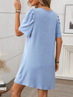 Textured Round Neck Short Sleeve Mini Dress (10)