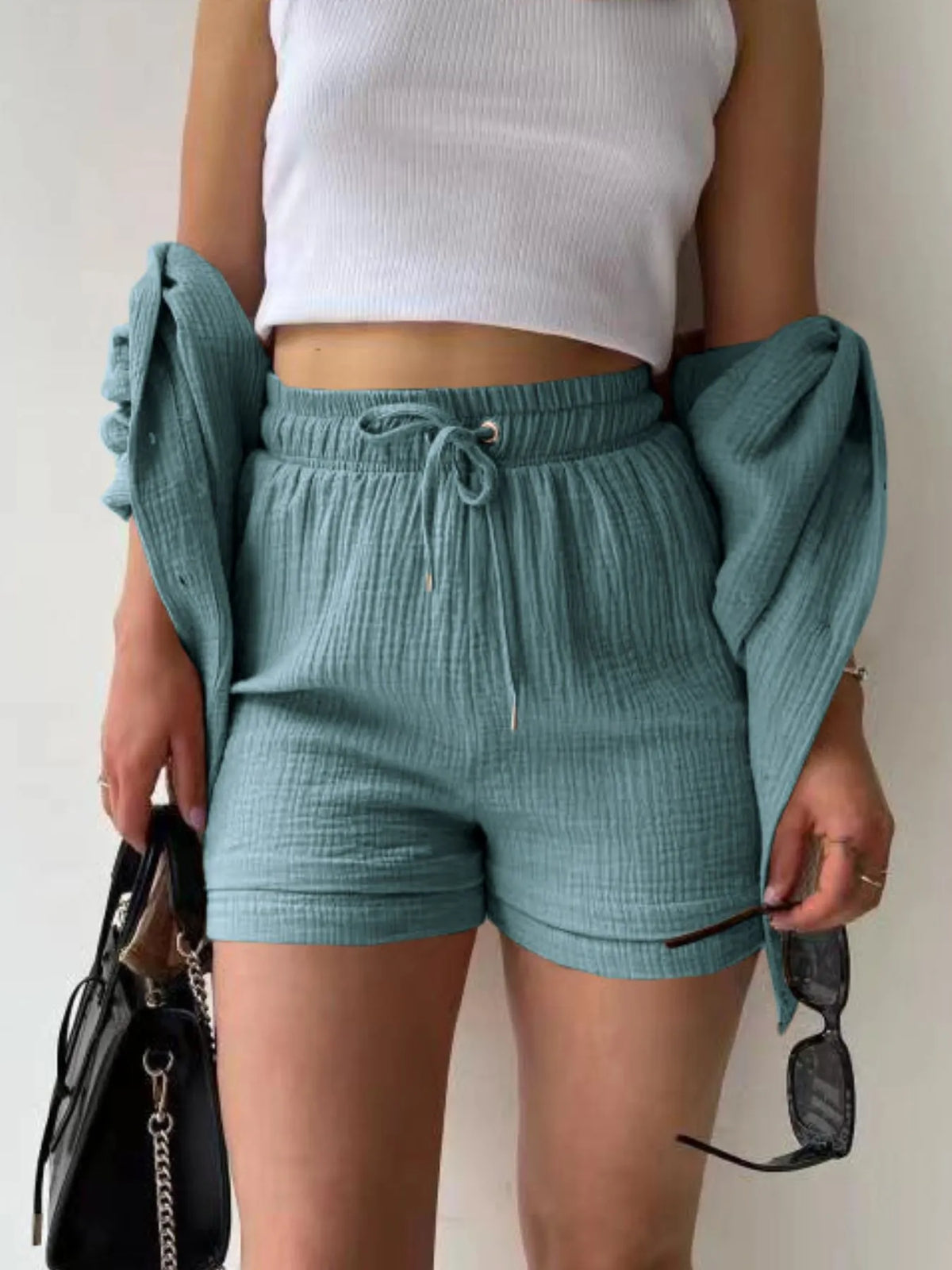 Textured Button Up Shirt Shorts Set (3)