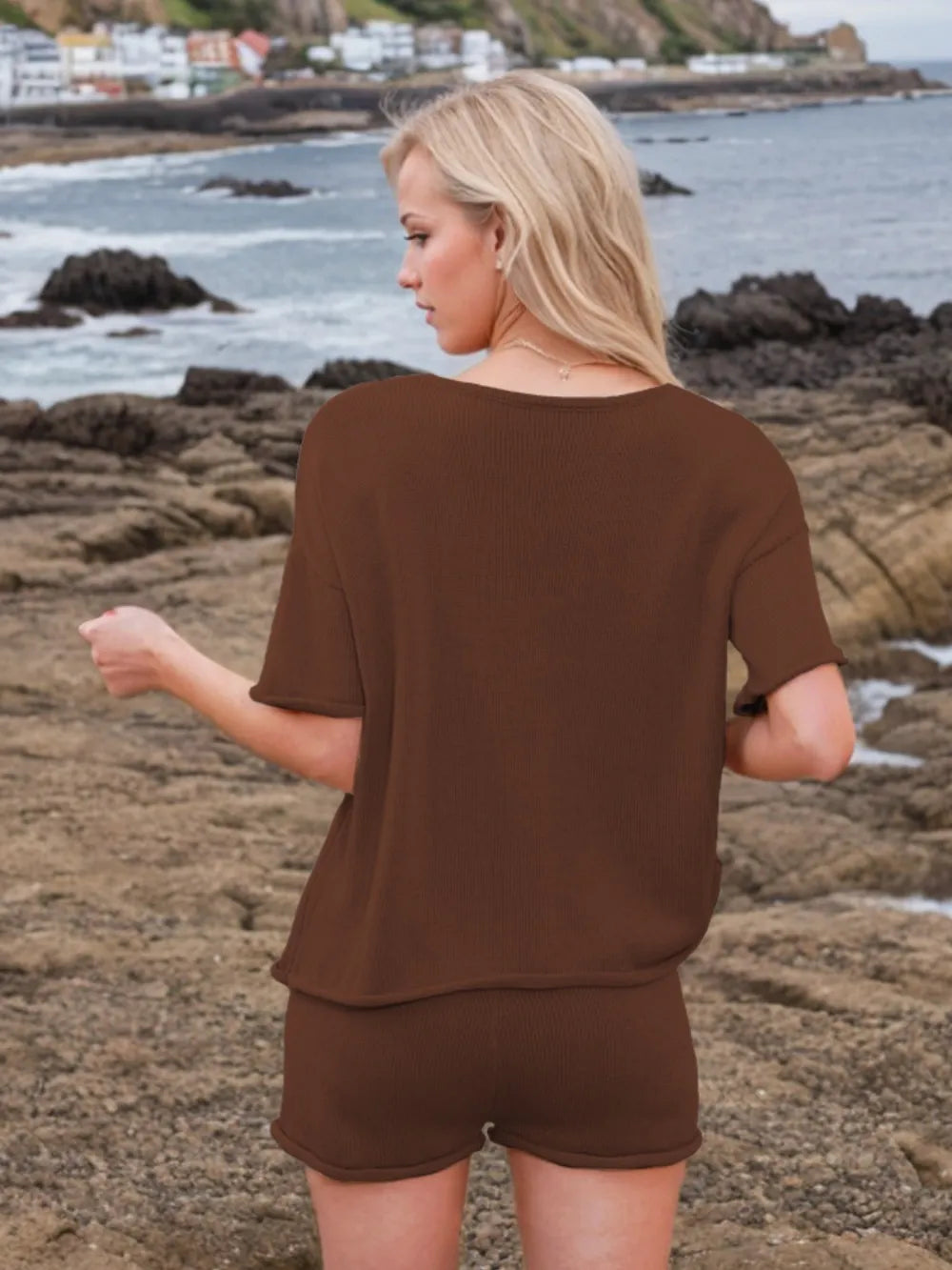 Round Neck Short Sleeve Top Shorts Sweater Set (17)