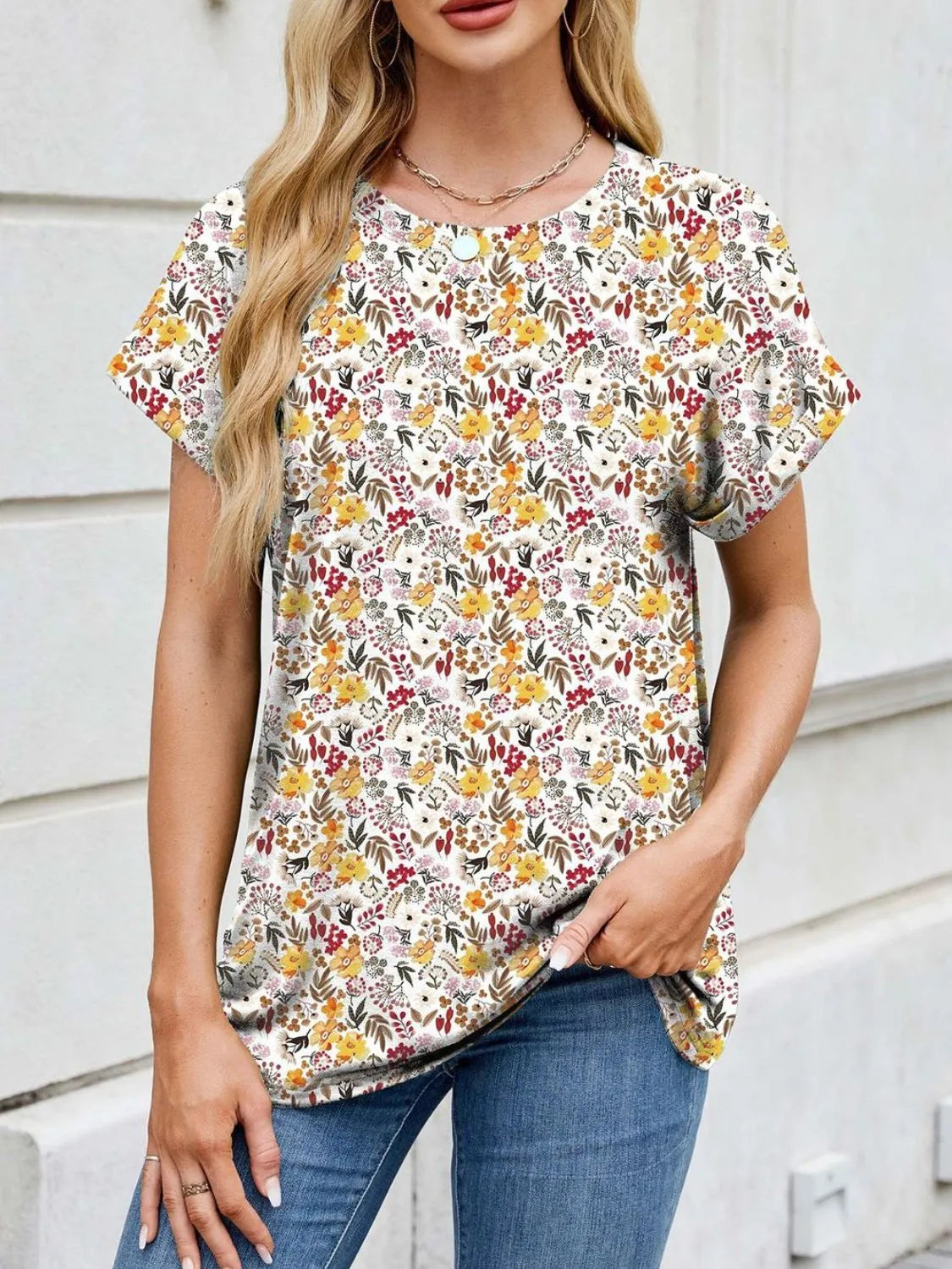 Printed Round Neck Short Sleeve Top (28)