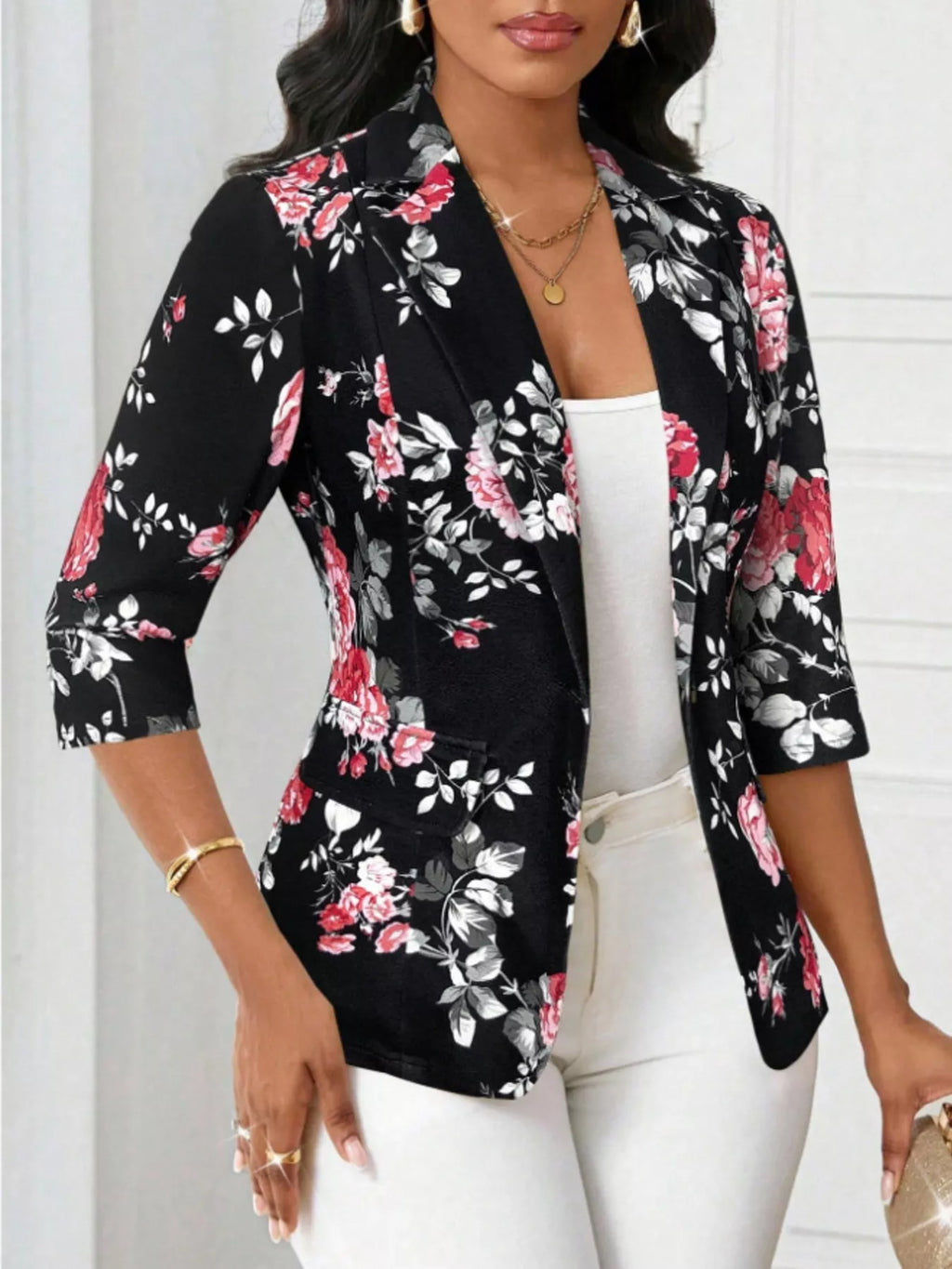 Floral Print One Button Casual Blazer (2)