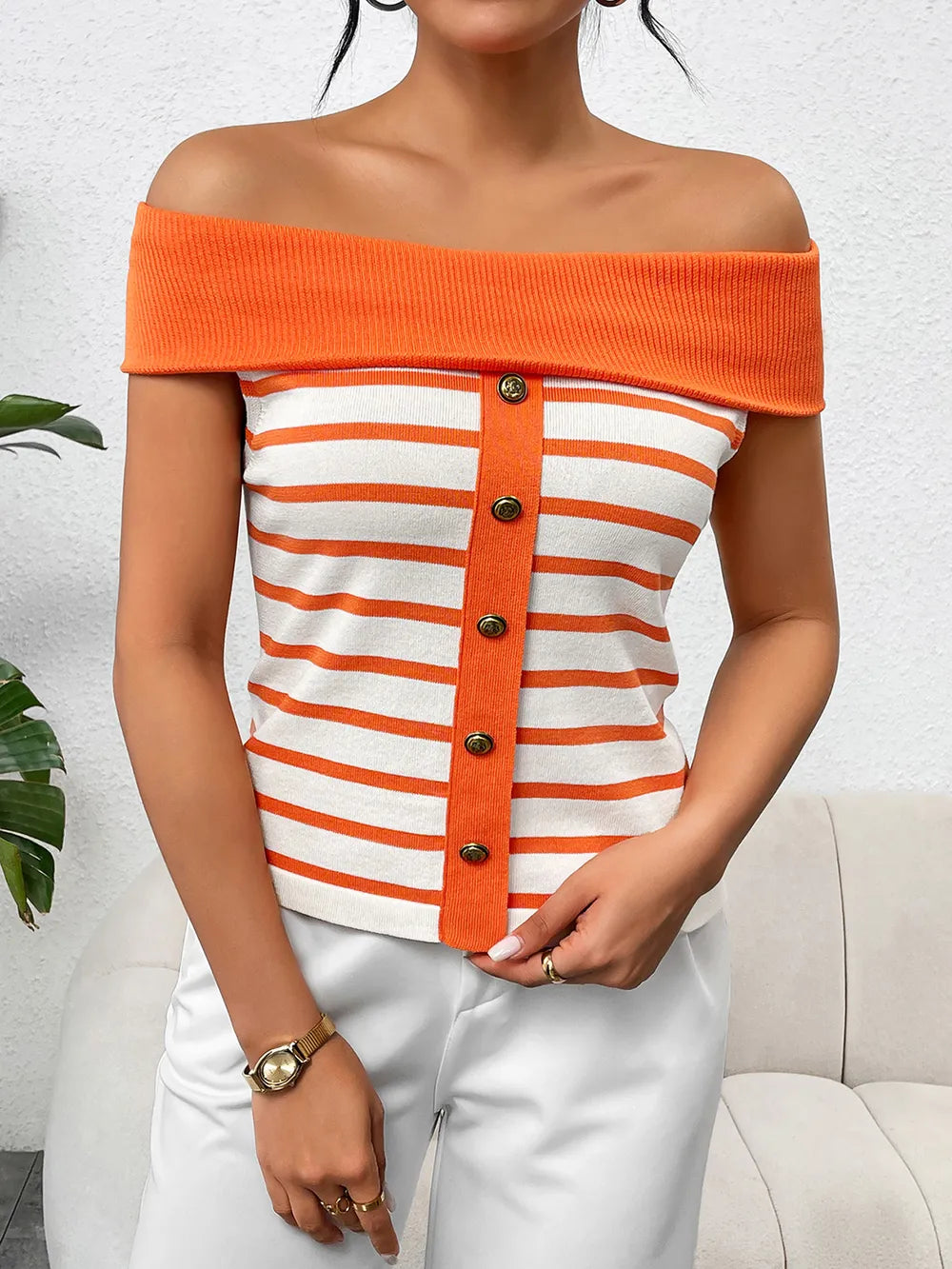Decorative Button Striped Off-shoulder Knit Top (6)