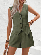 V-neck Button Down Vest Shorts Set (14)