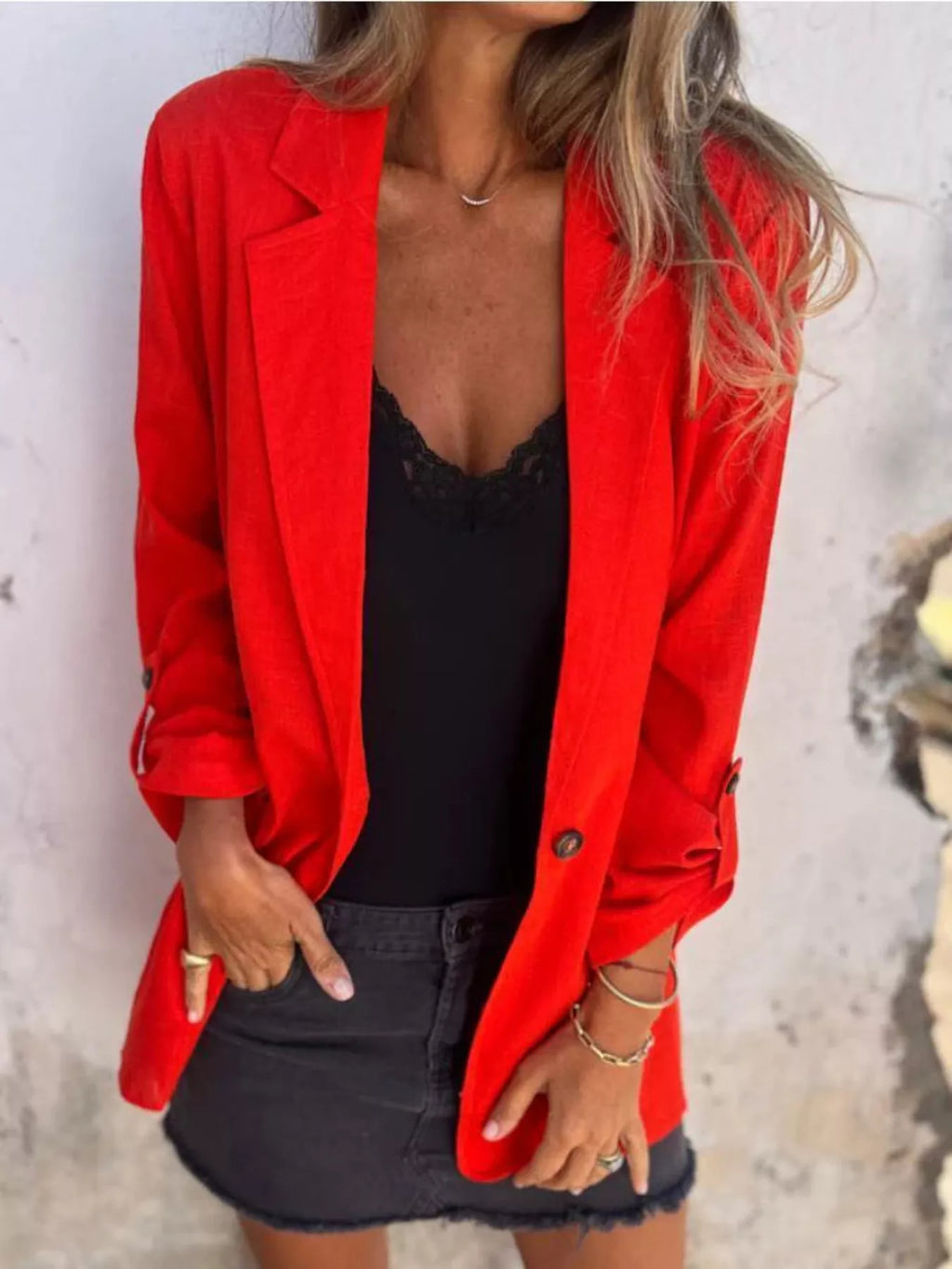 Full Size Lapel Collar Long Sleeve Blazer Plus (2)