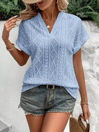 Openwork Notched Short Sleeve Blouse (3)