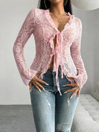 Tie Front Long Sleeve Lace Top (4)