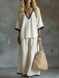 Contrast Trim V-neck Top Pants Set