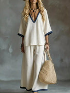 Contrast Trim V-neck Top Pants Set