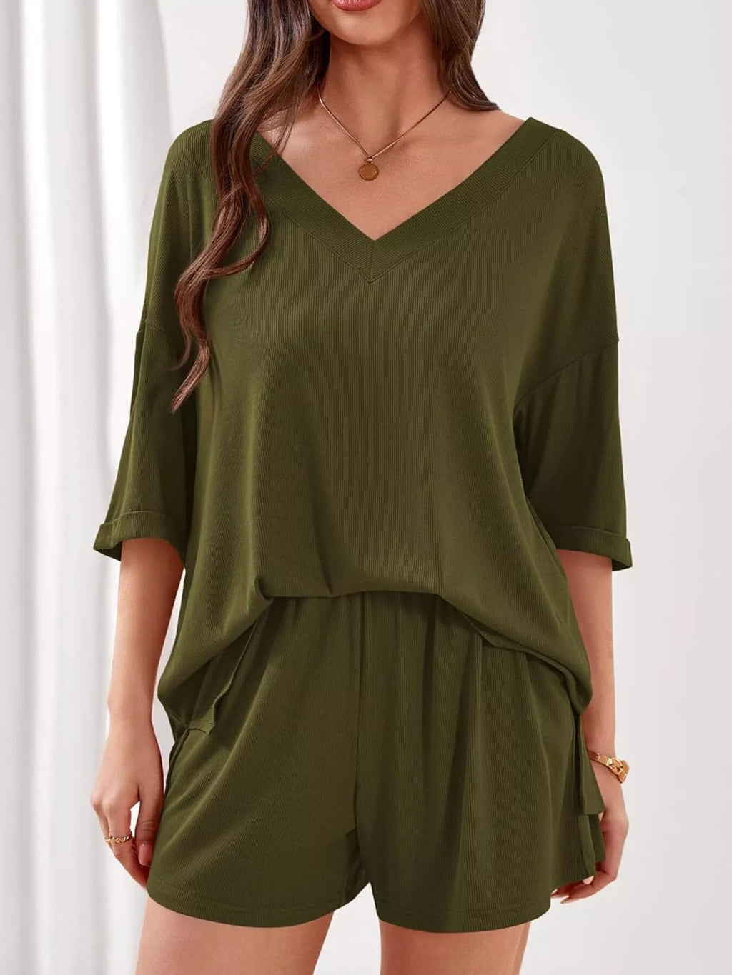 Casual Solid Color V-neck Top Shorts Set (14)