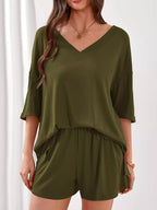Casual Solid Color V-neck Top Shorts Set (14)