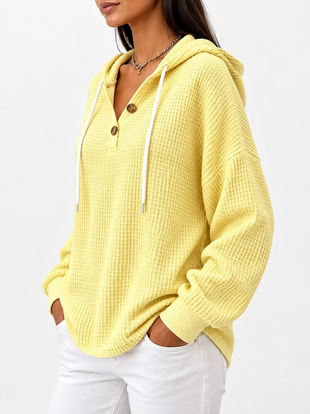 Full Size Waffle Knit Button Detail Hoodie Plus (12)