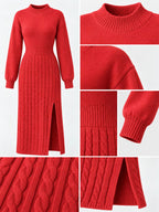 Full Size Mock Neck Cable Knit Sweater Dress Front Slit Plus (24)