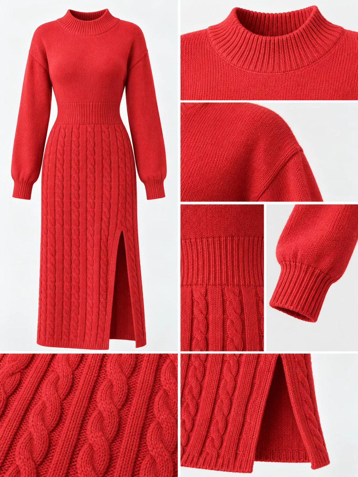 Full Size Mock Neck Cable Knit Sweater Dress Front Slit Plus (24)