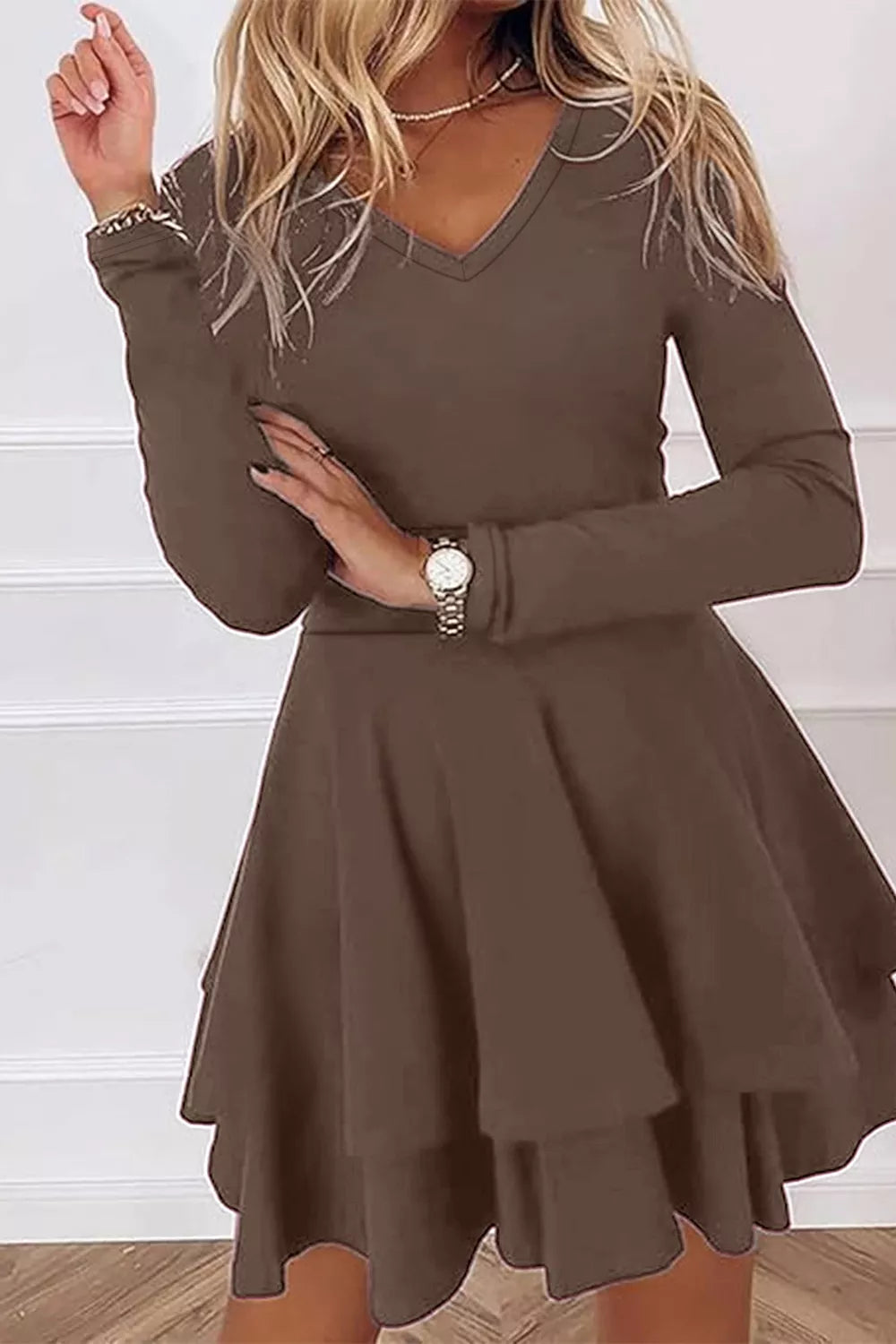 Layered Long Sleeve V-neck Mini Dress (3)