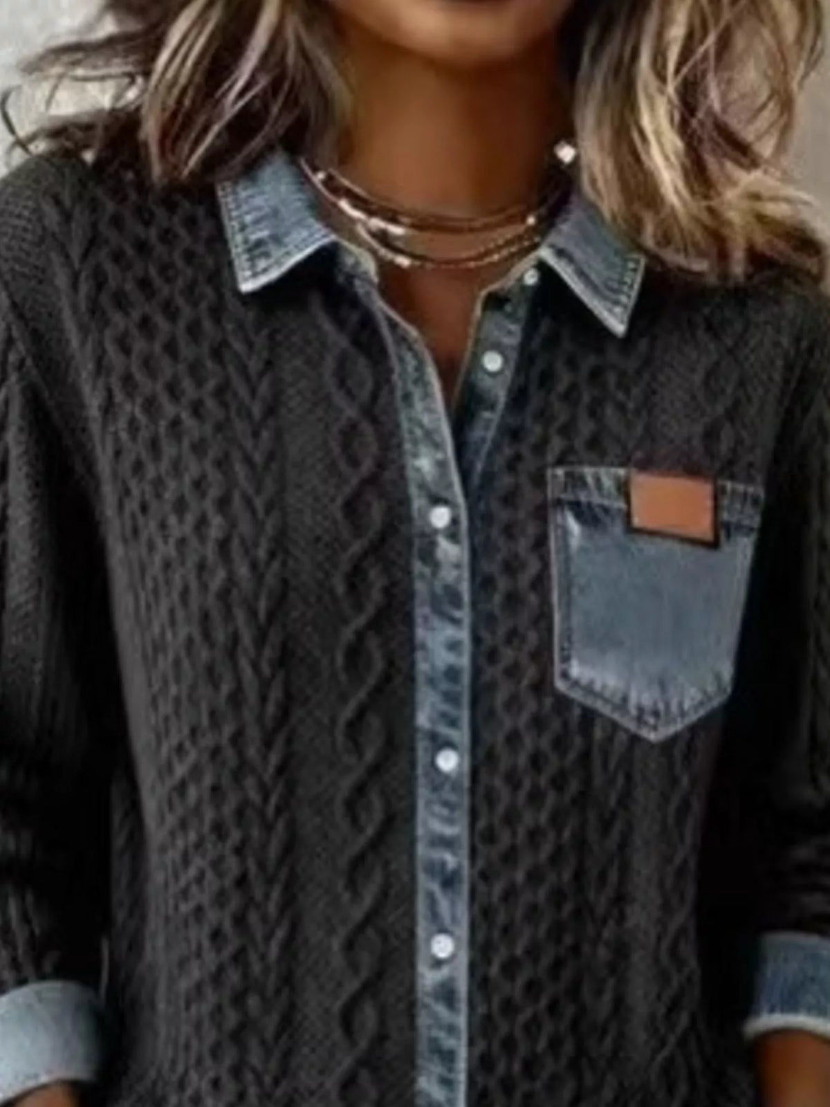 Denim Trim Cable Knit Cardigan (6)