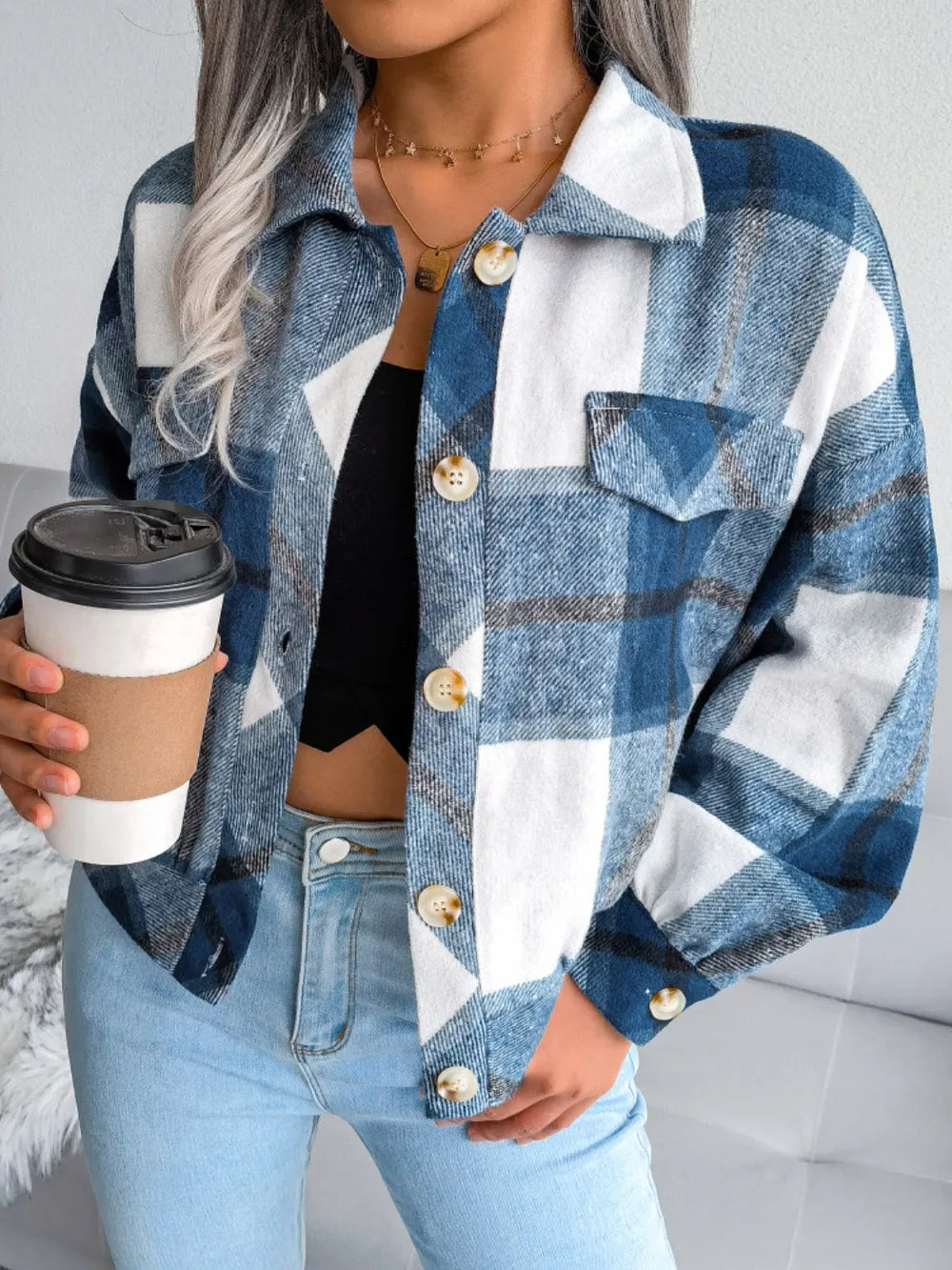 Plaid Collared Neck Long Sleeve Jacket (23)