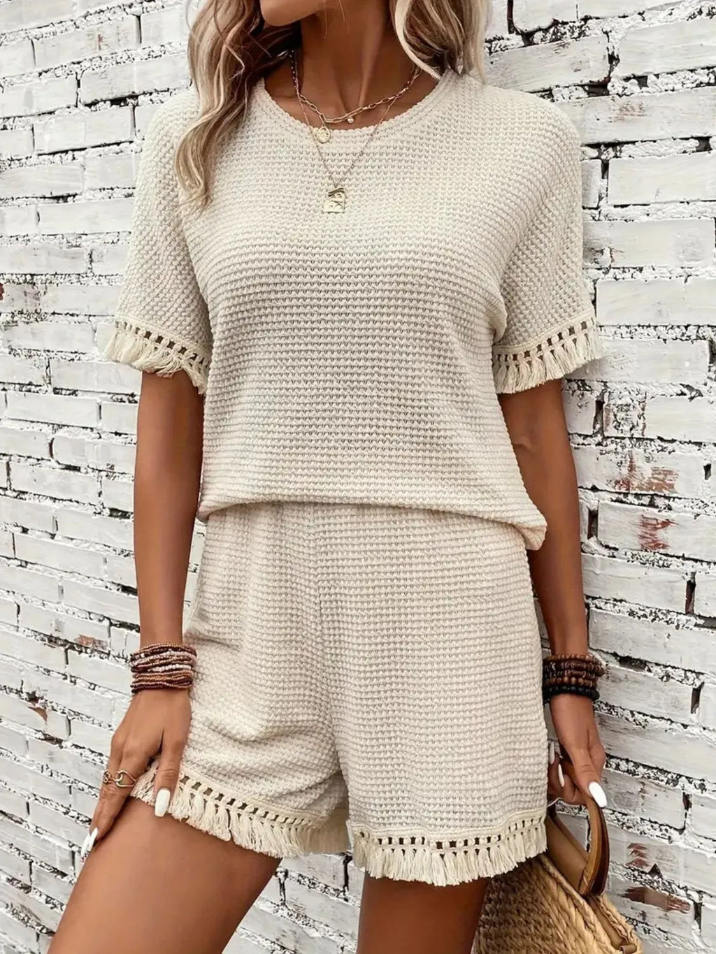 Tassel Round Neck Top Shorts Set (5)