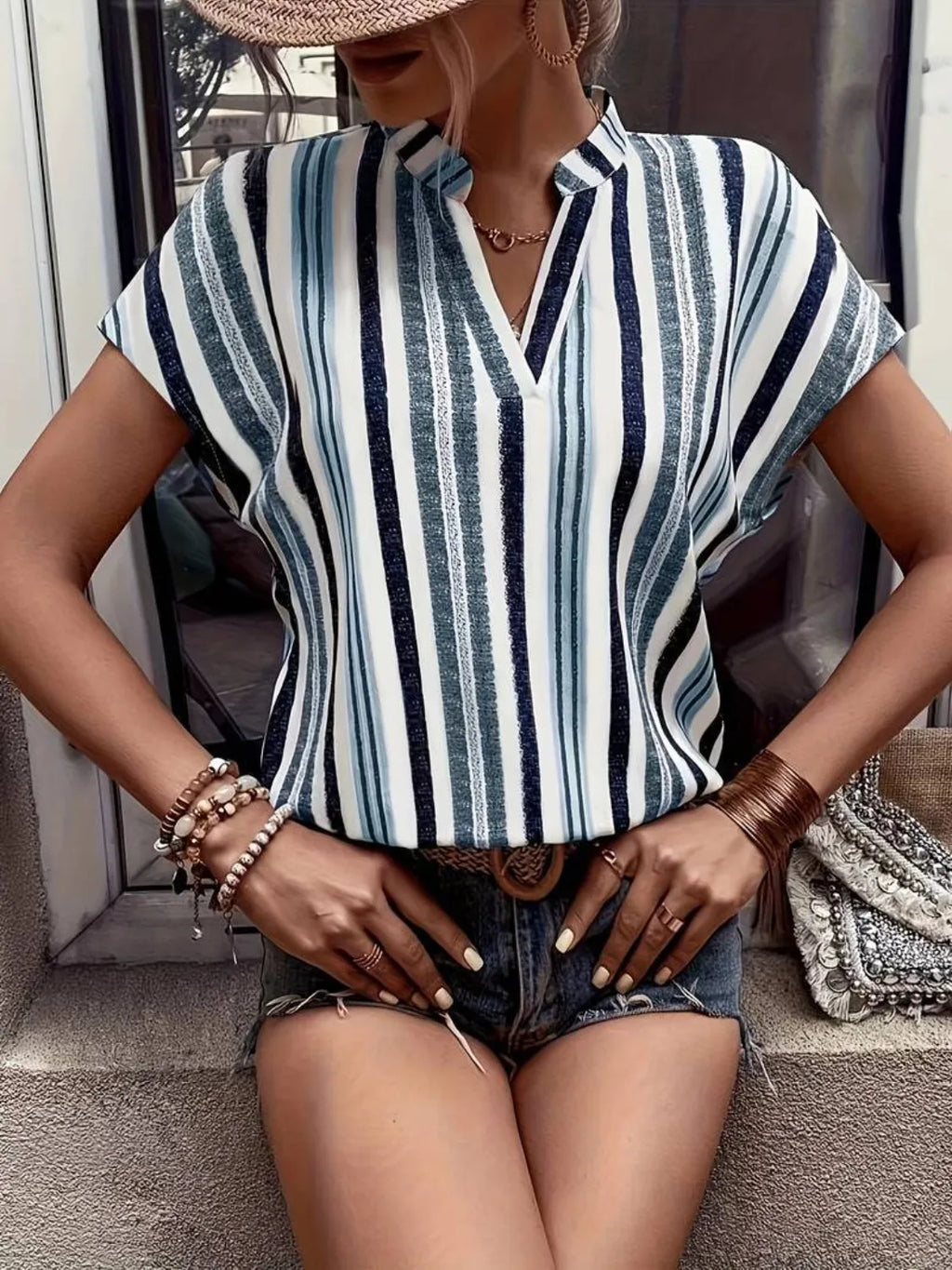 Striped Notched Short Sleeve Shirt (2)