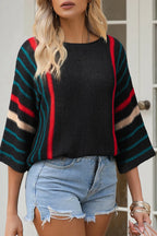 Striped Boat Neck Three-quarter Sleeve Knit Top (2)