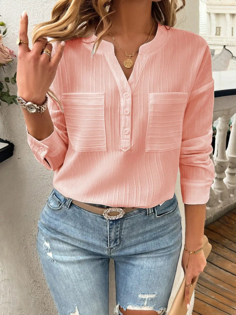 Pocketed Notched Long Sleeve Blouse (8)