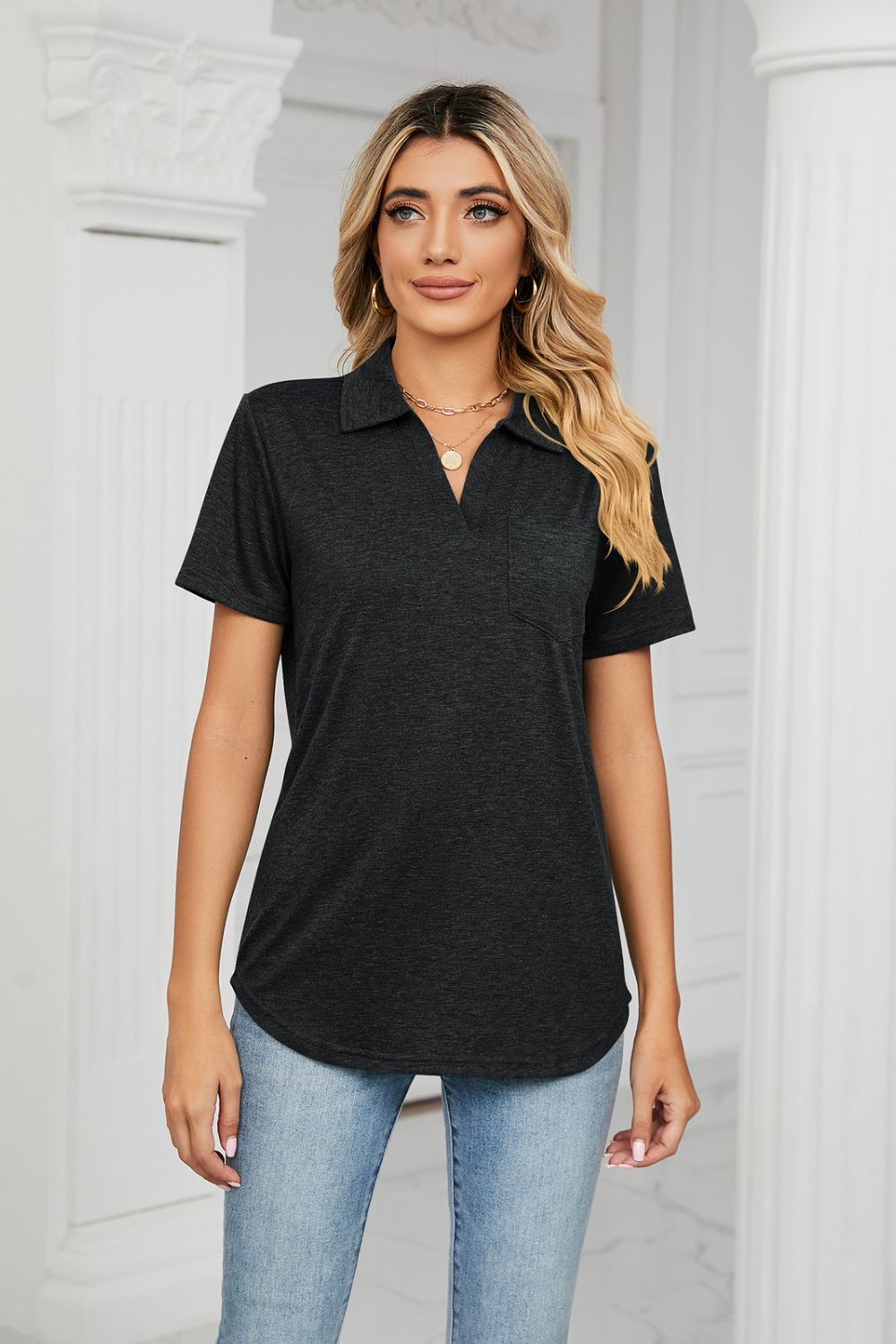 Curved Hem Johnny Collar Polo Shirt (2)