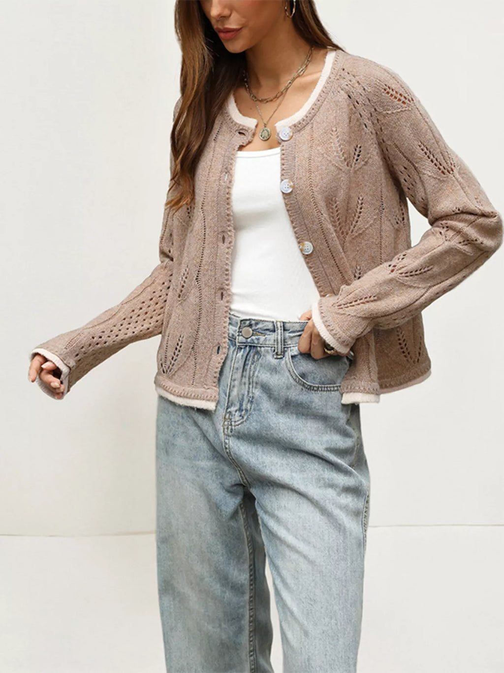 Hollow-out Knit Button-down Cardigan (6)