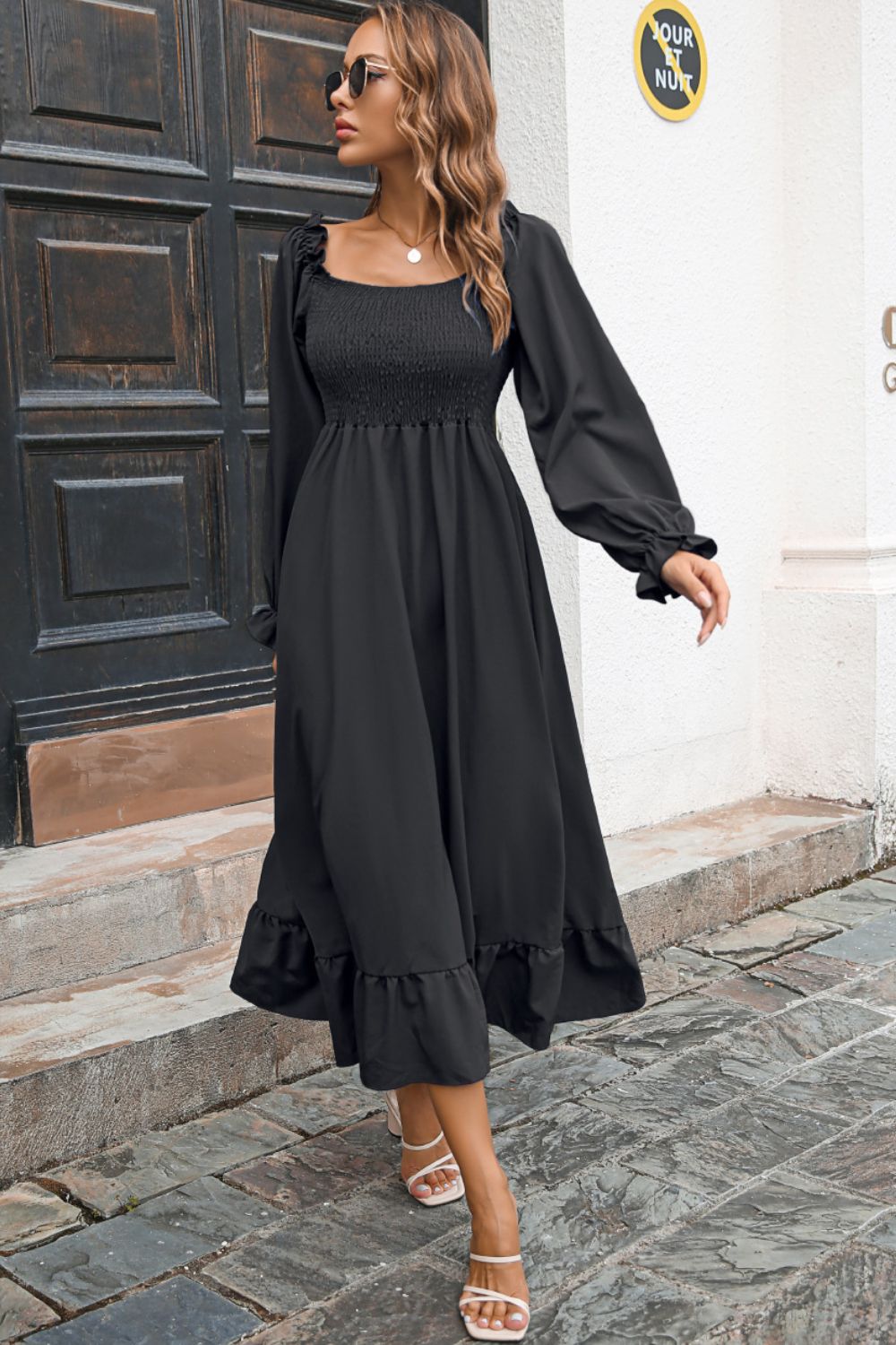 Smocked Ruffle Hem Flounce Sleeve Dress (6)