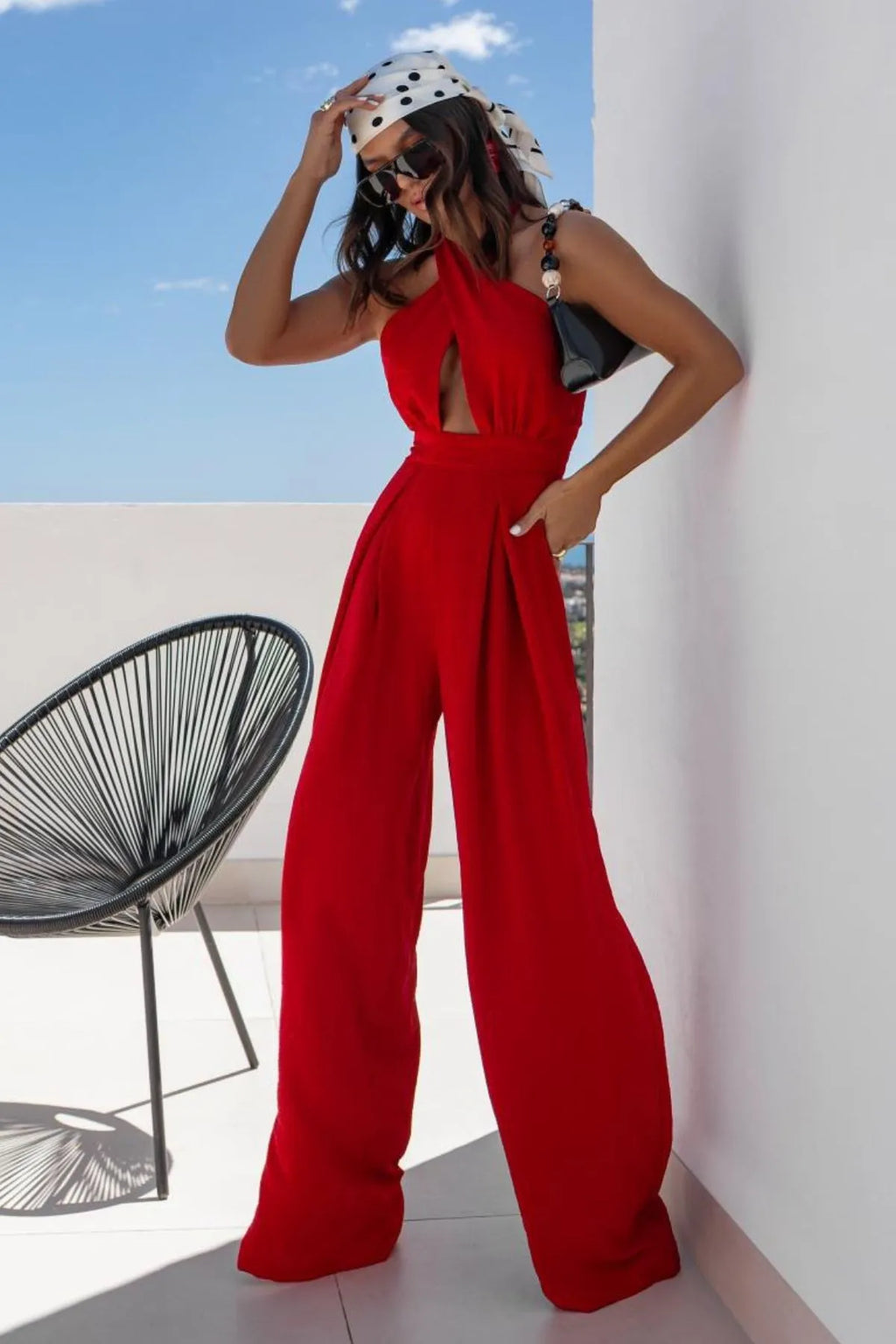 Halter Neck Wide Leg Jumpsuit Keyhole Detail