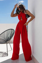 Halter Neck Wide Leg Jumpsuit Keyhole Detail