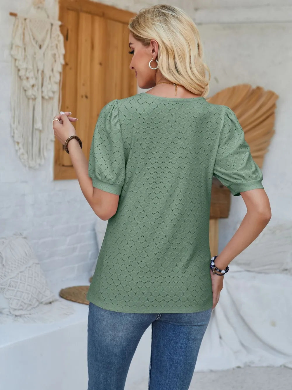 Eyelet Asymmetrical Neck Short Sleeve T-shirt (16)