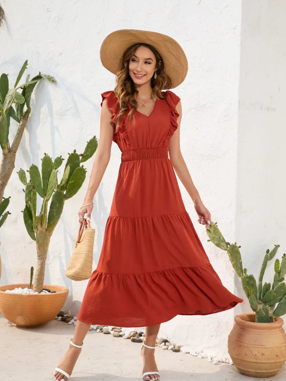 Tiered Ruffled V-neck Cap Sleeve Dress (11)