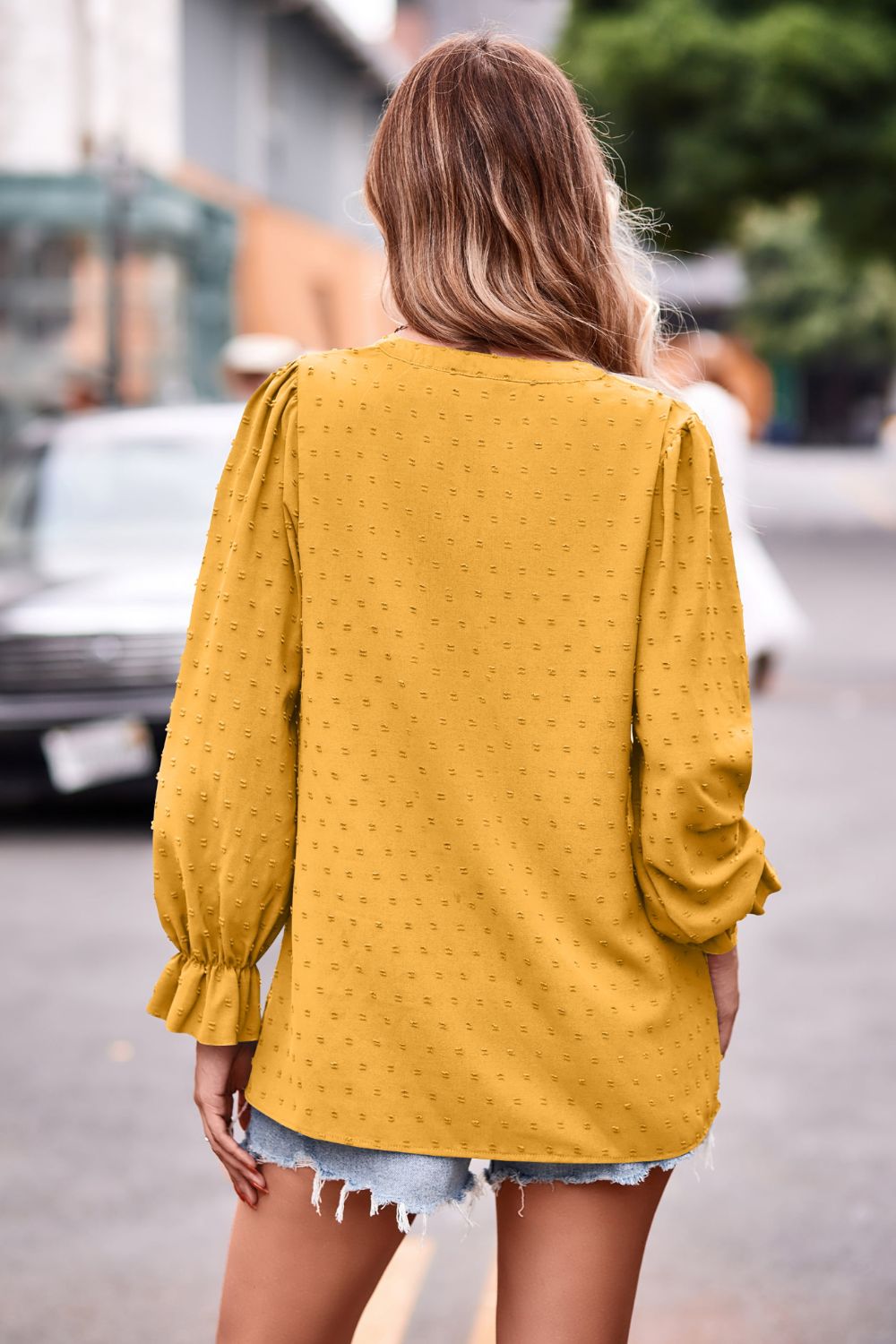 Swiss Dot Notched Neck Flounce Sleeve Blouse (15)