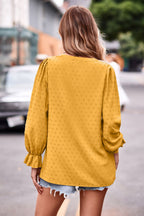 Swiss Dot Notched Neck Flounce Sleeve Blouse (15)