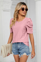 Eyelet Puff Sleeve Round Neck Blouse (17)