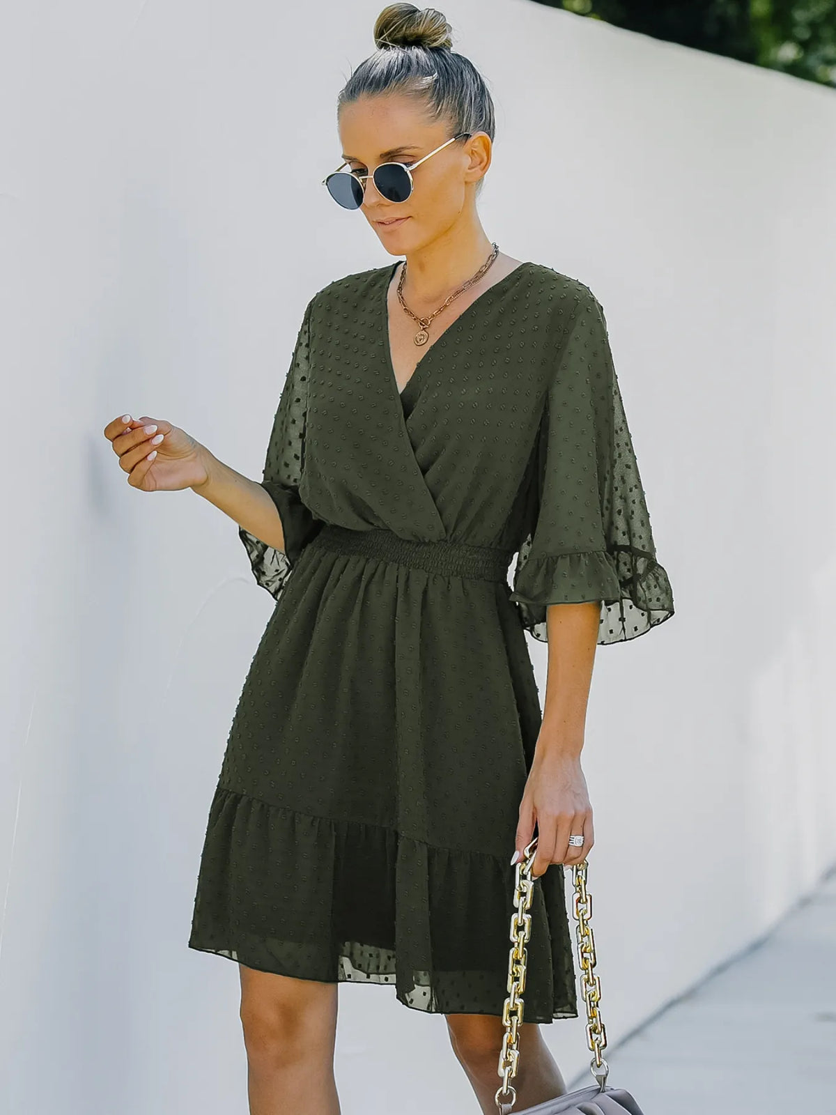 Swiss Dot Flare Sleeve Wrap Mini Dress (9)