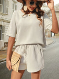 Waffle-knit Half Sleeve Top Shorts Set