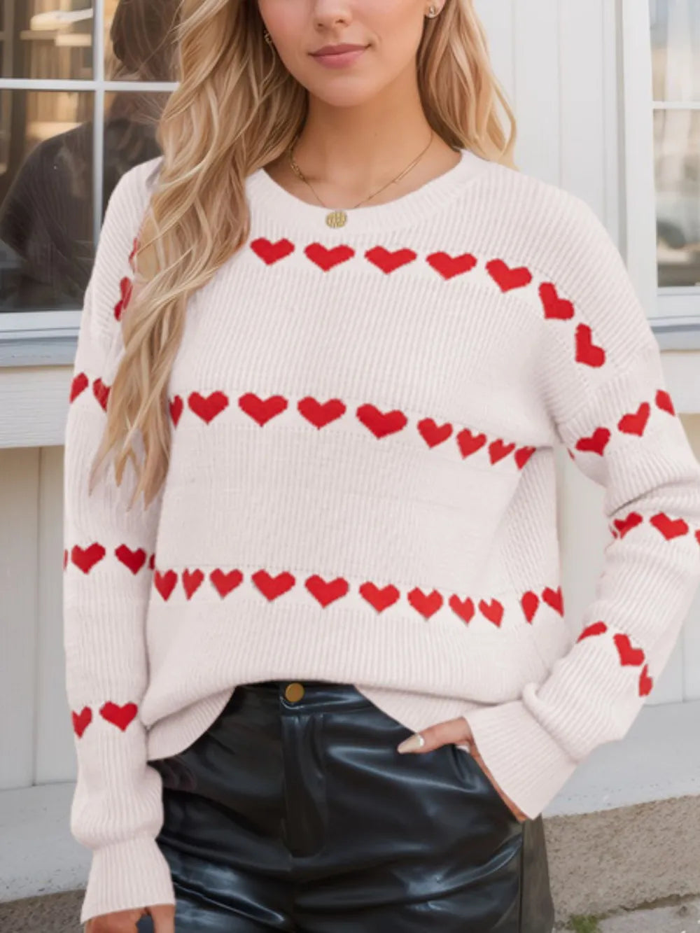 Heart Round Neck Long Sleeve Sweater (3)