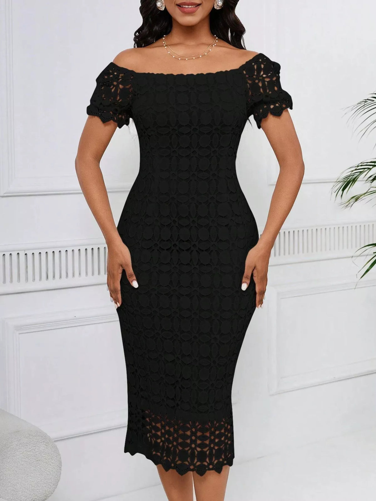 Lace Short Sleeve Midi Dress (10)