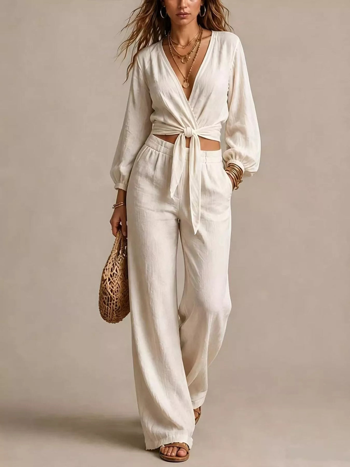 Tie-front Crop Top Wide-leg Pant Set
