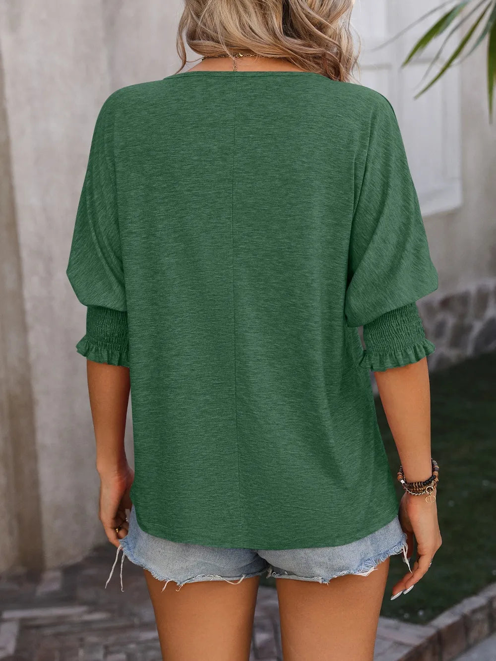Heathered Notched Lantern Sleeve Blouse (12)