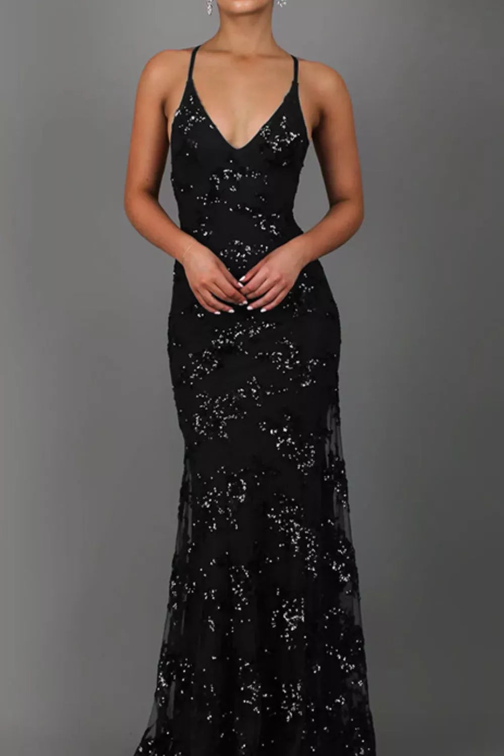 Full Size Sequin Tie Back V-neck Maxi Dress Plus (26)