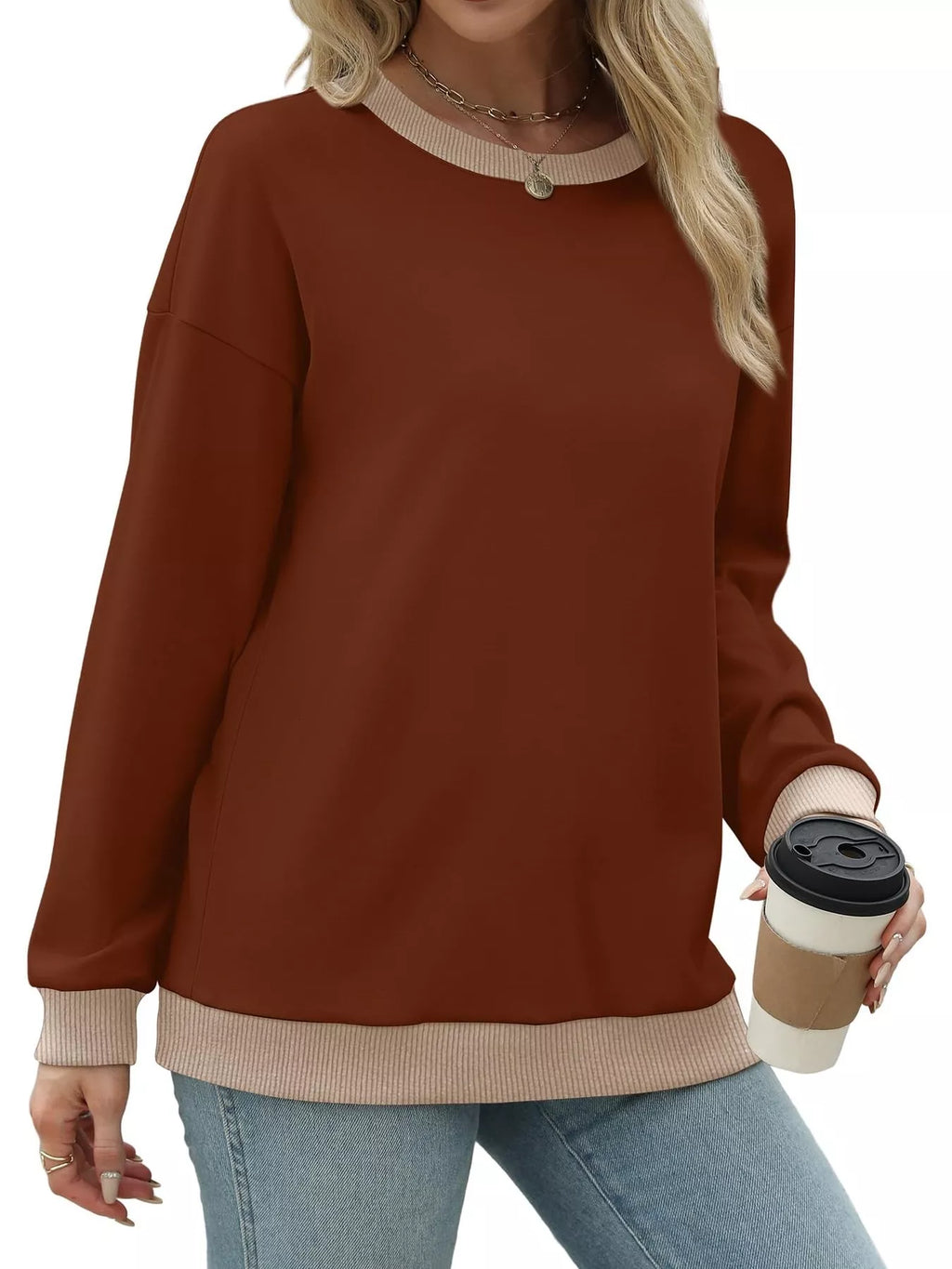 Contrast Trim Crew Neck Casual Sweatshirt (7)