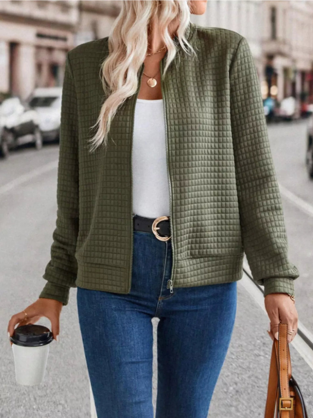 Textured Zip-up Long Sleeve Jacket