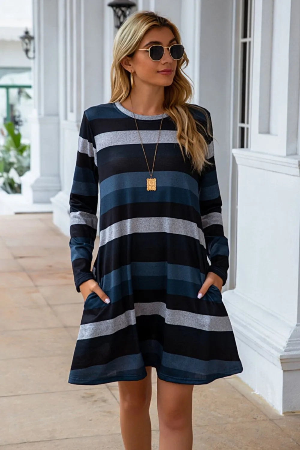 Striped Round Neck Long Sleeve Dress (9)